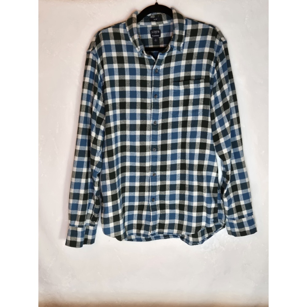 J. Crew‎ Flannel Shirt Men's Large Slim Fit Blue/White Button Down Plaid